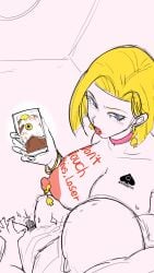 android_18 big_breasts blonde_hair blue_eyes buttplug chastity chastity_cage chastity_device choker cuckold dark-skinned_male dominant_female dragon_ball dragon_ball_z femdom humiliation krillin laying_down laying_on_bed light-skinned_female light-skinned_male n92go netorare ntr phone phone_screen qos qos_tattoo queen_of_spades queen_of_spades_symbol sex small_penis small_penis_humiliation vaginal_penetration