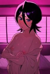 abarada ai_generated bare_shoulders black_hair bleach breasts collarbone female kuchiki_rukia nipples short_hair small_breasts solo standing