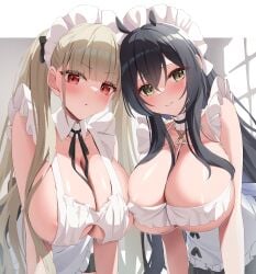 2girls apron areola_slip azur_lane black_hair black_ribbon blush breasts cleavage detached_collar formidable_(azur_lane) green_eyes grey_hair highres huge_breasts humo indomitable_(azur_lane) indomitable_(ms._motivationless_maid)_(azur_lane) indoors leaning_forward light-skinned_female light_skin long_hair looking_at_viewer maid maid_headdress multiple_girls neck_ribbon ribbon royal_navy_(azur_lane) sidelocks smile twintails very_long_hair