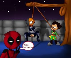 asphyxiation bondage crossover cuntboy dc dc_comics deadpool deadpool_(film) deathstroke dick_grayson gore hanged intersex male marvel peril pussy robin_(dc) robin_(dick_grayson) slade slade_wilson teen_titans vagina wade_wilson