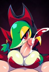 ai_generated anthro bedroom_eyes big_breasts blush bodily_fluids breast_play breast_squish breasts cleavage clothing cum cumshot duo ejaculation erection female first_person_view generation_5_pokemon genital_fluids genitals hellsonger hi_res human humanoid_genitalia humanoid_penis interspecies looking_at_viewer male male/female male_pov mammal narrowed_eyes nintendo orgasm paizuri penis pokemon pokemon_(species) red_eyes seductive sex short_stack simple_background smile snivy solo_focus titfuck titjob