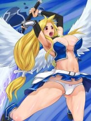 angel_wings areola_slip astraea_(sora_no_otoshimono) blonde_hair bow bow_panties breasts broken broken_chain chains cleavage female female_focus highres large_breasts long_hair navel nora_(nora7) open_mouth panties pantyshot red_eyes solo sora_no_otoshimono sword underwear upskirt very_long_hair weapon white_panties wings