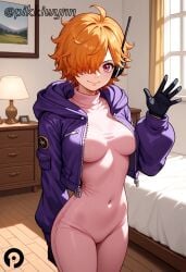 ahoge ai_generated bangs black_gloves blush bodysuit breasts closed_mouth covered_navel cowboy_shot female female_only gloves hair_over_one_eye hand_up headphones hood hood_down indoors jacket lamp long_sleeves looking_at_viewer medium_breasts one_piece open_clothes orange_hair pikkiwynn pink_bodysuit purple_eyes purple_jacket short_hair skin_tight smile solo standing vegapunk_lilith window