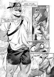 anthro balls biped blush bottomwear canid canine canis clothed clothing comic domestic_dog duo english_text erection erection_under_clothing fingers fur genitals glans hat headgear headwear humanoid_genitalia humanoid_penis inner_ear_fluff licking male male/male mammal monochrome multiple_scenes nviek5 oral penile penis penis_lick sex shirt shorts solo tail tail_motion text tongue topwear tuft vein veiny_penis voyeur