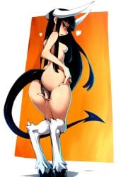 ai_generated black_hair cookie-girl demon_girl demon_horns demon_tail digitigrade equine_pussy from_behind from_behind_position hooves horns horsepussy long_hair looking_at_viewer looking_back looking_back_at_viewer lucie_(oc) masturbating masturbation medium_breasts naked original_character pointy_ears presenting_anus presenting_ass presenting_pussy pussy_juice red_eyes simple_background smirk smirking_at_viewer