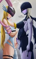 angewomon big_breasts blonde_hair blush blush_lines boobs_pressed breasts carlosdlimaart dialogue digimon digimon_(species) embarrassed frottage futa_is_bigger futa_is_smaller futa_on_futa futa_only futanari hand_on_hip ladydevimon light_skin looking_at_another looking_at_partner purple_skin red_eyes ripped_clothing self_upload tagme thick_thighs white_hair