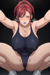 ai_generated blue_lipstick blush breasts gym_uniform heavy_breathing huge_breasts makeup mamiya_marie milf nipples_visible_through_clothing nude sagging_breasts selfie shiny_skin sitting sports_uniform sportswear starless steam sweat tight_clothing