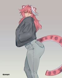 1girls ass cat_ears catgirl hololive hololive_english hololive_english_-justice- jeans leather_jacket legs light-skinned_female looking_over_shoulder pink_hair pomuya raora_panthera tail thighs tight_pants virtual_youtuber yellow_eyes
