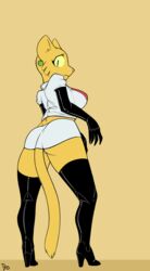 anthro ass bethesda_softworks clothing domestic_cat ear_piercing elbow_gloves felid feline felis female gloves hi_res jessie_(pokemon)_(cosplay) katia_managan legwear looking_back mammal nintendo piercing pokemon prequel solo stockings team_rocket the_elder_scrolls video_games webcomic yellow_sclera zokva