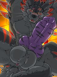 anthro anus balls bandai_namco close-up digimon digimon_(species) first_person_view genitals hi_res jaceweregarurumon knot male muscular open_mouth pawzzhky solo weregarurumon