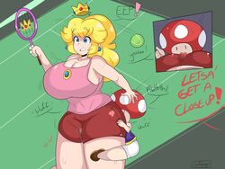 1girls blonde_hair cleavage fully_clothed hetero huge_breasts larger_female mario_(series) mario_tennis nintendo ponytail princess_peach red_shorts size_difference smaller_male straight tennis_racket tennis_uniform thick_thighs toad_(mario) uuforya