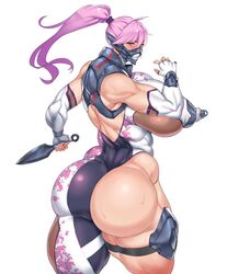 armor ass back big_ass big_breasts big_butt breasts curvy female female_focus huge_ass huge_breasts huge_butt kunai kunoichi looking_at_viewer looking_back mask muscular muscular_back muscular_female natedecock ninja nipple_plugs original original_character pink_eyes pink_hair sideboob solo solo_female sweat sweatdrop thick_thighs thighs venus_body weapon