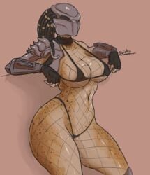 alien_girl bikini female female_yautja fishnet helmet mask masked masked_female posing predator predator_(franchise) rule_63 saidra solo waiting yautja