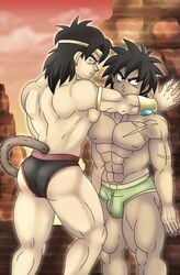 2boys abs against_rock against_wall ass back back_muscles back_view balls_in_underwear bara biceps black_eyes black_hair black_underwear broly broly_(dragon_ball_super) bubble_ass bubble_butt bulge dragon_ball dragon_ball_super dragon_ball_z earrings eight_pack fedrc forehead_jewel forehead_protector gay green_underwear human human_only jewel light-skinned_male light_skin looking_at_another looking_at_partner male male_chest male_focus male_nipples male_only monkey_tail muscle muscles muscular muscular_legs muscular_male nipples pecs pectorals penis_in_underwear red_underwear rock rocks scar scar_on_arm scar_on_chest six_pack standing tail tan tan_body tan_skin thick_legs toned toned_body toned_male topless underwear underwear_only yaoi yellow_underwear