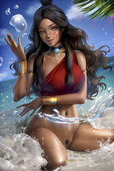 1girls absurd_res aged_up alternate_breast_size arm_under_breasts armlets avatar_the_last_airbender ayyasap bangles bare_shoulders bathing beach big_breasts black_hair blue_eyes bottomless brown_hair busty choker clothing clouds dark-skinned_female dark_skin day female female_only flowing_hair hair_covering_breasts hair_down hands human human_female katara large_breasts lens_flare long_fingernails long_hair looking_at_viewer ocean on_knees outdoors palm_tree pinup pinup_pose pubic_hair pussy sand saree shoreline sideboob sky smile solo splashing splashing_water spray sunlight the_legend_of_korra tied_shirt tropical_setting twintails url vulva water waterbending waves wet wet_skin