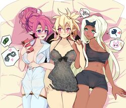 3girls big_breasts disgaea disgaea_2 disgaea_3 disgaea_5 laying_down laying_on_bed lingerie looking_at_another looking_at_viewer negligee pink_hair puffphox purple_eyes rozalin sapphire_rhodonite see-through_clothing seraphina_(disgaea) tagme thick_thighs