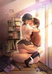 1boy absurdres arms_around_neck ass_grab book bookshelf bra breasts brown_hair chi_muo closed_eyes clothed_sex clothing curtains electric_fan feet female french_kiss hand_on_another's_head highres hug huge_filesize indoors kissing medium_breasts nipples open_mouth original panties panties_around_one_leg panty_pull paper photo_(object) pleated_skirt pussy_juice school_uniform see-through sex sex_in_skirt short_sleeves side_view sideboob sitting sitting_on_lap sitting_on_person skirt skirt_lift socks straight sunlight sunset tattoo tongue tongue_out trash_can unbuttoned underwear vaginal_penetration white_panties window