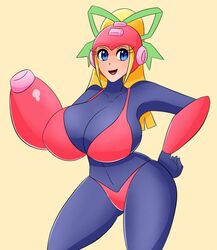 2015 bikini bikini_armor blonde_hair blue_eyes domo-sensei green_ribbons helmet huge_breasts mega_buster mega_man ponytail robot robot_girl rockman roll suit