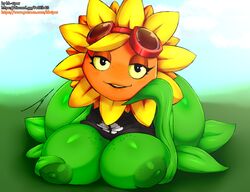 areolae artist_signature ass big_ass big_breasts black_eyes breasts female flora_fauna flower freckles goggles goggles_on_head hand_on_breast hb-viper huge_ass huge_breasts large_ass large_breasts laying looking_at_viewer orange_skin petals plant plant_girl plantie plants_vs_zombies plants_vs_zombies:_heroes resting shiny_skin simple_background solar_flare_(pvz) solo sunflower sunflower_(pvz)