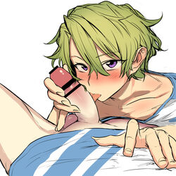 2boys absurdres bar_censor blush censored commentary_request ensemble_stars! green_hair highres hiyori_tomoe konery_(reasonyou) large_penis licking licking_penis multiple_boys penis pice1234 purple_eyes testicles tongue tongue_out white_background yaoi