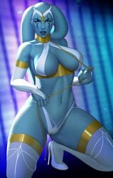 belly blue_skin bocas_top collar detached_sleeves gold_chain grey_eyes grownupjizz high_resolution kneeling large_breasts lip_piercing looking_at_viewer original_character star_wars thong twi'lek voluptuous