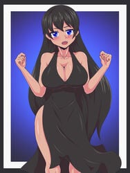 big_breasts black_dress black_hair blue_eyes bosomancer clothed console-tan female female_only looking_at_viewer pc-tan smiling_at_viewer variations