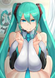 1girls big_breasts blue_eyes blue_hair breasts breasts_together facominn female hatsune_miku huge_breasts large_breasts licking_lips light-skinned_female light_skin long_hair paizuri ponytails vocaloid