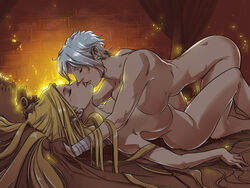 2girls bandages bed bed_sheet bed_sheets bedroom bedsheets big_breasts blonde_hair breast_press breasts closed_eyes eyes_closed female_focus female_on_top fireplace ganassa grey_hair janna_windforce kissing laying_on_back laying_on_bed league_of_legends lesbian lesbian_sex long_hair multiple_girls naked passionate passionate_kiss sejuani sheep sheet_grab white_hair yuri