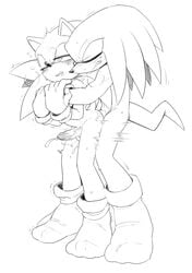 anal anthro balls blush bodily_fluids clothing cum duo footwear genital_fluids genitals hi_res knuckles_the_echidna male male/male male_only monochrome penis r18 socks sonic_(series) sonic_the_hedgehog sonic_the_hedgehog_(series) sonknux sweat tears