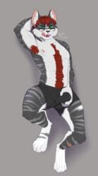 anthro bulge clothing eyewear felid feline genitals glasses grey_body hi_res licking licking_lips male male_only mammal penis penis_grab scar solo stripes tongue tongue_out underwear yuzu_zuzu