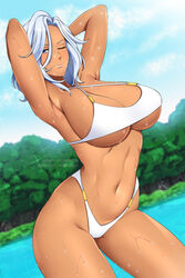 anastasia_palma armpits big_breasts bikini blue_eyes dark_skin female female_only large_breasts lindaroze sakura_taisen sakura_wars sega shin_sakura_taisen solo swimsuit white_hair