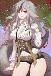 1girls absurdres animal_ears arm_at_side belt blurry breasts buckle cleavage contrapposto corset cowboy_shot depth_of_field female female_only fire_emblem fire_emblem_fates highres human kemonomimi lips long_hair long_sleeves medium_breasts multicolored_hair nintendo outdoors paid_reward pale_skin parted_lips patreon_reward petals short_shorts shorts sidelocks silver_hair solo songjikyo streaked_hair tail thighs underbust velouria_(fire_emblem)