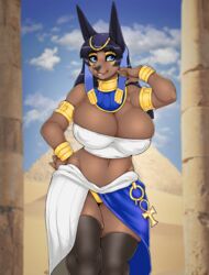 1girls anbs-02 animal_ears anubian_jackal anubis armband bangs black_hair black_legwear black_nose blue_eyes blunt_bangs bracelet breast_squish breasts brown_fur cleavage clothed clothing collar detailed_background egyptian_clothes egyptian_mythology female female_only fur furry furry_only hair_ornament hand_on_hip headdress highres jewelry legwear long_ears long_hair looking_away niis pose solo solo_female thick_thighs thigh_gap thigh_squish thunder_thighs wide_hips zenonzard