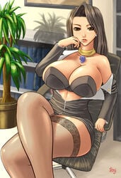 1girls artist_signature beauty_mark bra breasts brown_eyes brown_hair cleavage curvy earrings female female_only gyakuten_saiban hourglass_figure huge_breasts jewelry lawyer legs_crossed lipstick looking_at_viewer magatama mia_fey miniskirt office office_chair open_jacket panties scarf sitting skirt solo solo_female tenji thick_thighs thighhighs undressing wide_hips