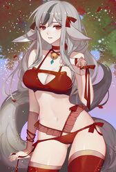 1girls absurdres animal_ears arm_at_side ass_visible_through_thighs bell bell_choker bikini blurry bra breasts choker cleavage contrapposto cowboy_shot depth_of_field female female_only fire_emblem fire_emblem_fates hair_ribbon highres human jingle_bell kemonomimi keyhole lips long_hair medium_breasts multi-strapped_bikini multicolored_hair navel nintendo outdoors paid_reward pale_skin panties parted_lips patreon_reward red_bra red_legwear red_panties ribbon ribbon_choker sidelocks silver_hair solo songjikyo streaked_hair swimsuit tail thighhighs underwear underwear_only velouria velouria_(fire_emblem) wrist_cuffs wrist_ribbon