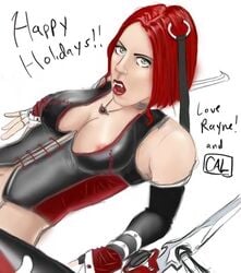 1girls blades bloodrayne breasts cal_(artist) corset dhampir elbow_gloves fangs female female_only green_eyes latex latex_suit lipstick looking_at_viewer makeup nipples open_mouth rayne red_hair red_lips red_lipstick short_hair sketch solo vampire weapon