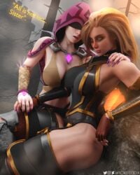 2girls 3d angel ass big_breasts big_butt blindfold breasts brown_hair furia_(paladins) hi-rez_studios paladins seris_(paladins) sisters sitting sorceress tanned_skin thick_thighs thighs white_skin wicked3dx