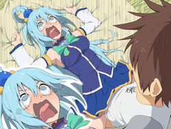 1boy aqua_(konosuba) aqua_screaming_(meme) bare_shoulders blue_eyes blue_hair blue_skirt blush breasts brown_hair clothed_sex commentary covered_penetration derivative_work detached_sleeves female hair_between_eyes hair_ornament implied_sex kono_subarashii_sekai_ni_shukufuku_wo! long_hair lying medium_breasts meme on_back open_mouth salpin satou_kazuma screaming sex sheet_grab skirt straight tears tongue