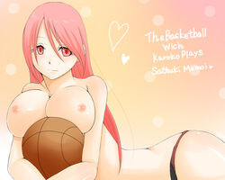 1girls basketball_(ball) big_breasts breasts female kuroko_no_basuke long_hair momoi_satsuki nipples no_bra pink_hair smile solo