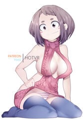 1girls backless backless_outfit big_breasts blush blush_stickers breasts brown_eyes brown_hair cleavage cleavage_cutout clothing covered_nipples cutout erect_nipples female female_only hotvr kneeling legwear long_hair looking_at_viewer my_hero_academia nipples no_bra ochako_uraraka panties revealing_clothes sideboob smile solo stockings sweater thighhighs underwear virgin_killer_sweater