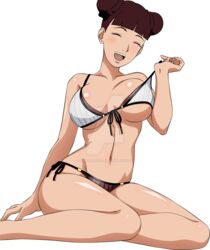 1girls bare_shoulders bikini boruto:_naruto_next_generations closed_eyes collarbone deboratesta deviantart double_bun female female_only large_breasts naruto naruto_(series) off_shoulder open_mouth sitting smile solo strap_pull swimsuit teasing tenten tied_hair undressing upper_teeth watermark