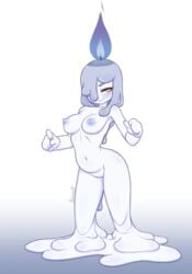 2020 anthro artist_signature blue_flame blue_hair blush breasts female fire flame genitals hair_over_one_eye humanoid kionant litwick looking_at_viewer melting navel nintendo nipples nude pokémon_(species) pokemon pussy signature simple_background smirk solo video_games wax_girl white_skin