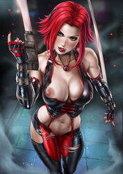 1girls absurd_res athletic athletic_female big_breasts blades bloodrayne breasts bustier corset dandon_fuga dhampir dual_wielding elbow_gloves female female_only fit fit_female green_eyes hi_res large_breasts latex latex_suit looking_at_viewer nail_polish navel nipples paid_reward patreon_reward pubic_hair rayne red_hair red_nails solo solo_female solo_focus tagme tonfa vampire weapon