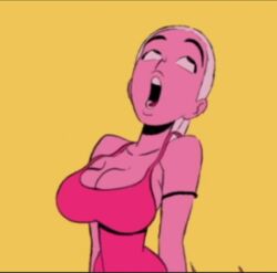 ahe_gao alvise_zennaro's_animation_reel_2016 cleavage eyes_rolled_back flat_colors open_mouth pink_skin swimsuit yellow_background