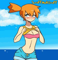 1girls animated blush bra breasts cleavage female female_only human kasumi_(pokemon) misty_(pokemon) nintendo padding pokemon pokemon_rgby scruffmuhgruff shirt_lift solo