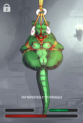 absurd_res anthro argonian bethesda_softworks bondage bound breast_scar breasts daree-ja_(zinnick) defeated english_text female flexible gameplay_mechanics helpless hi_res horn hud legs_behind_head legs_up looking_at_viewer muzzle_(object) muzzled nipples nude presenting pretzel_position rope rope_bondage scalie scar solo suspension text the_elder_scrolls video_games zinnick