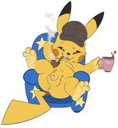 anthro anus balls beverage celestial chair coffee detective_pikachu detective_pikachu_(series) digitigrade flaccid foreskin fur furniture furry furry_only genitals glans hi_res male male_only nintendo partially_retracted_foreskin penis pikachu pipe pokémon_(species) pokemon sitting smoking solo spread_legs spreading tail tbid uncut video_games