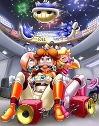 3girls ball_gag belt biker_clothes blonde_hair blue_eyes blue_shell bodysuit bondage boots breasts clothing female femsub footwear gag gagged handwear human imminent_death jumpsuit mario_(series) mario_kart motorcycle multiple_girls multiple_subs nintendo pale_skin predicament_bondage princess_daisy princess_peach princess_rosalina red_hair scarf shaxbert spiny_shell super_horn sweat tied_together tight_clothing vibrator vibrator_under_clothes