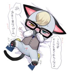 animal_crossing anthro blue_body blue_fur blush bottomless canid canine canis clothed clothing covering covering_mouth domestic_cat duo eyewear felid feline felis fur glasses grey_body grey_fur heterochromia holding_leg male male/male mammal narrowed_eyes nintendo nobinolife raymond_(animal_crossing) text translation_request video_games wolf wolfgang_(animal_crossing)