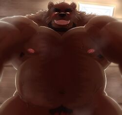 2022 absurd_res anthro armpit_hair barely_visible_genitalia barely_visible_penis belly big_belly black_nose body_hair brown_body brown_fur fur genitals hi_res kemono male mammal musk navel nipples overweight overweight_male penis pubes shillon0610 solo ursid